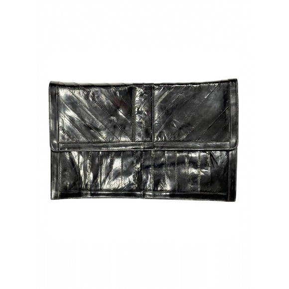 Handbags - Vintage Black Eel Skin Leather Clutch Bag Oversized Paneled Envelope Handbag